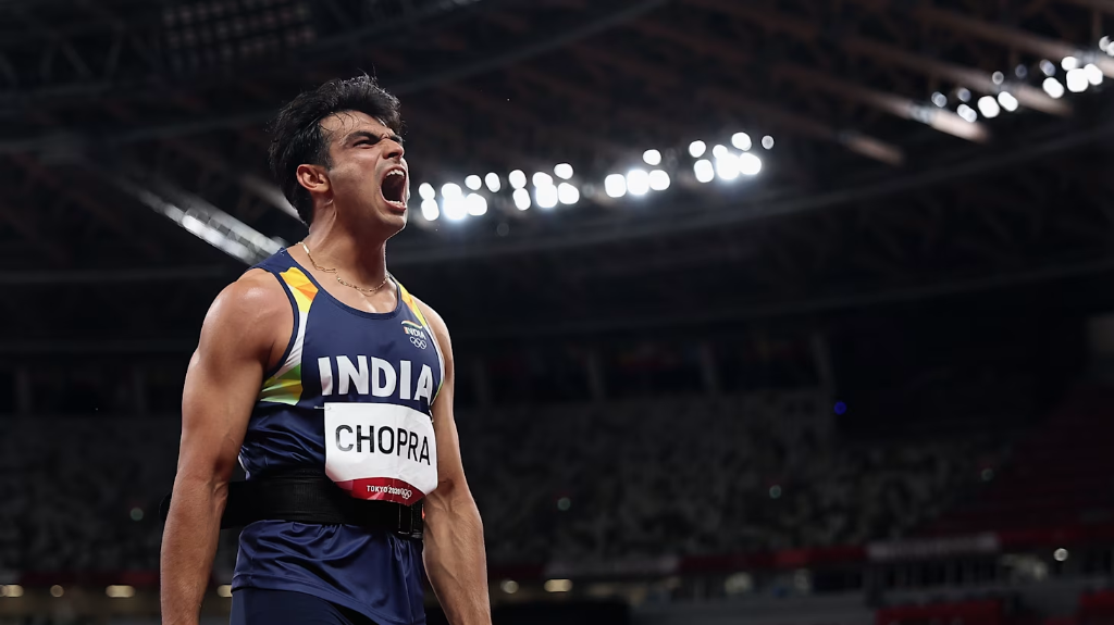 नीरज चोपड़ा टोक्यो ओलंपिक में स्वर्ण पदक जीत का जश्न मनाते हुए (Neeraj Chopra Olympic Gold Medal Celebration)
