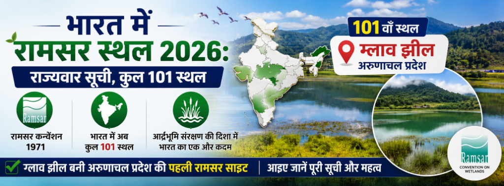 भारत में रामसर स्थल 2026: राज्यवार सूची, कुल 101 स्थल, 101वाँ स्थल ग्लाव झील | Ramsar Sites in India 2026