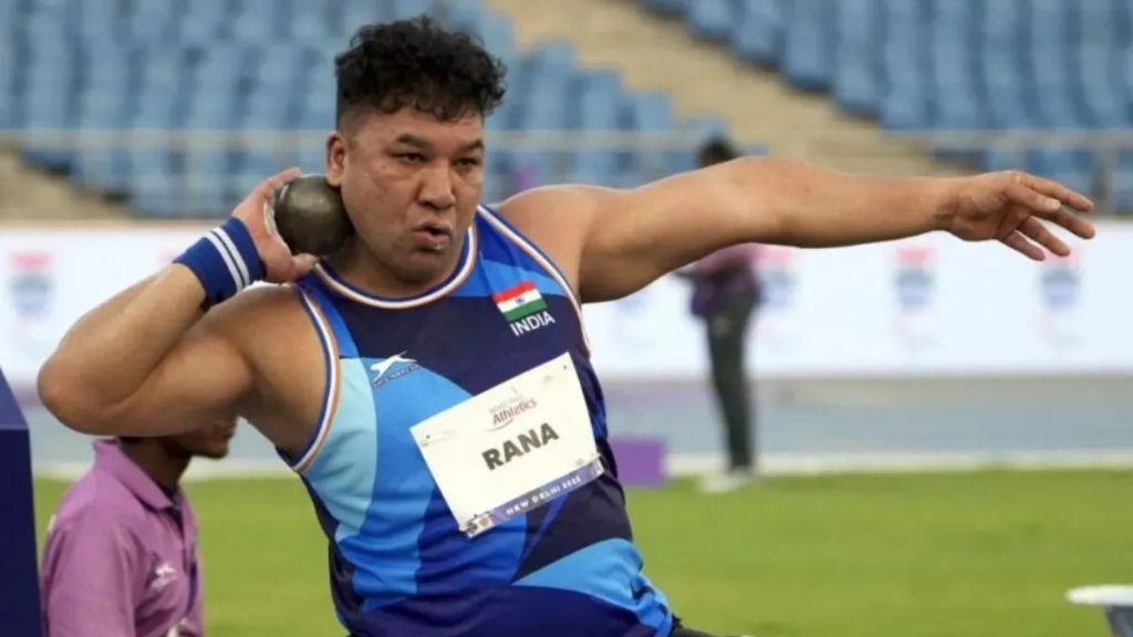 सोमन राणा पैरा शॉटपुट F57 थ्रो एक्शन - Soman Rana Para Shot Put F57 Throw Action India Singlet